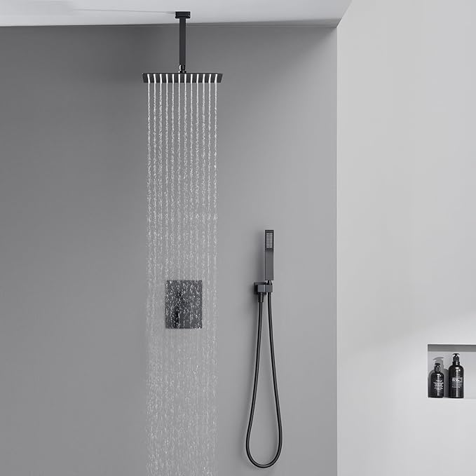 Artiqua Shower System 12 Inches Rain Shower Combo Set Black Ceiling Mount Shower Faucet Bathroom Faucets with Rainfall Shower Head and Hand Shower