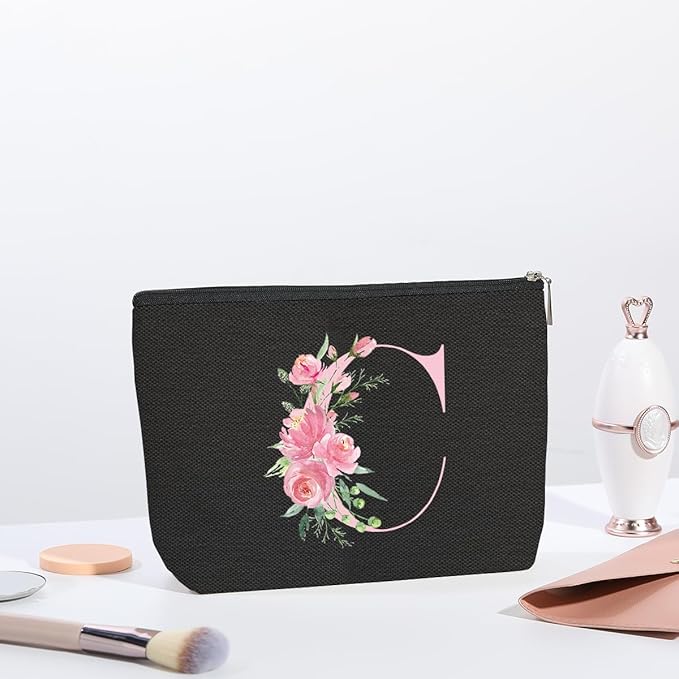kdxpbpz A-Z Personalized Cosmetic Bag Monogrammed Makeup Bags Bridesmaid Gifts Custom Toiletry Pouch Gifts for Women Mom Best Friend Sister Bride Bridesmaid (C)