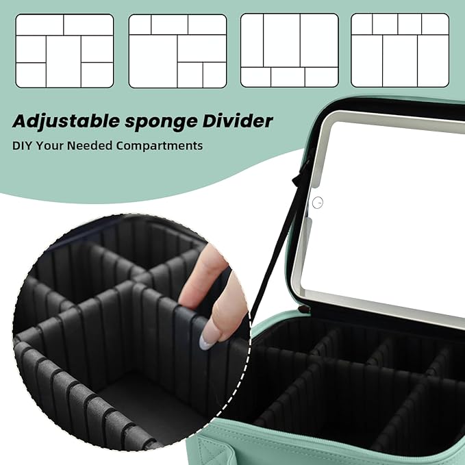 SUILU Travel Makeup Bag with LED Mirror and Light Makeup Travel Bag Organizer Portable Cosmetic Brush Organizer Bag with Adjustable Dividers for Cosmetics Makeup Brushes Toiletry (Light Green)