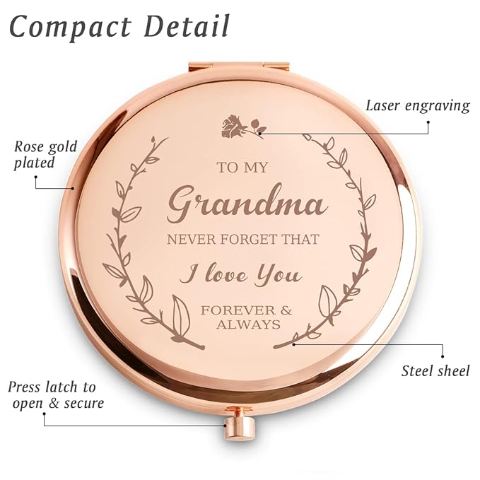 Personalized Gifts for Grandma, Sentimental Grandma Gifts for Birthday, Valentines Day, Custom Engraved Compact Mirror, Goodie Bag & Basket Stuffers for Grandmother