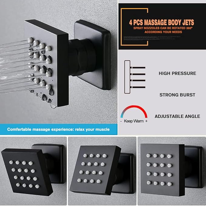 annazom Matte Black Shower Faucet Set with Body Jets 10 Inch Matte Black Shower Head Handheld Shower Combo Set High Pressure Wall Mount with Rough-in Valve