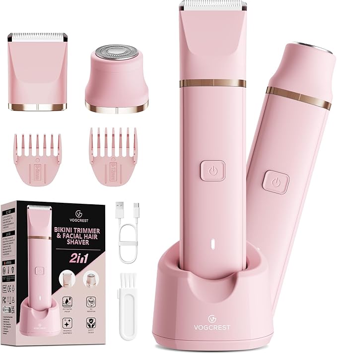VG VOGCREST Bikini Trimmer for Women: 2-in-1 Painless Body Shaver for Underarm Leg Arm with Length Combs - Portable Travel Friendly Pubic Grooming Kit with Charging Dock (Pink)