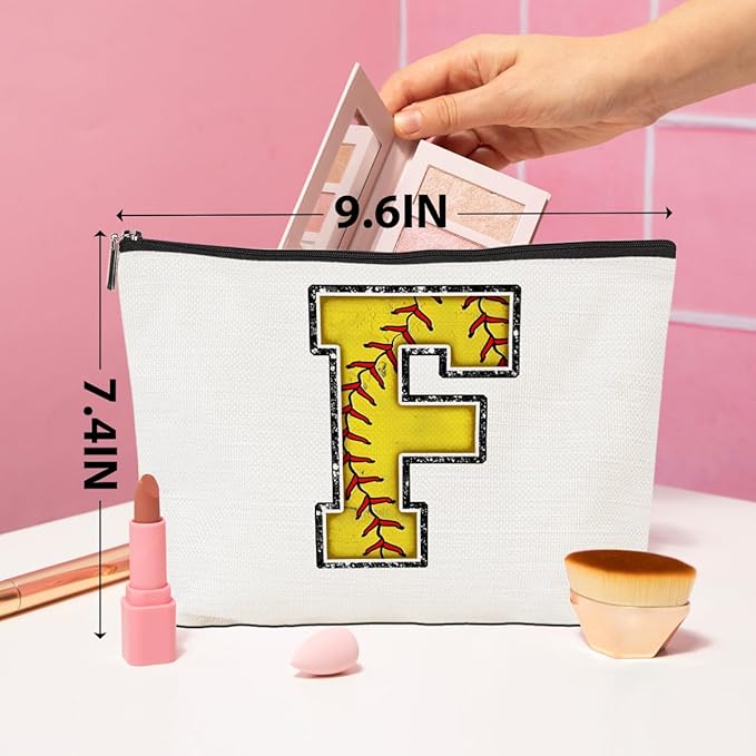 CQM Softball Gifts Initial Makeup Bag Monogrammed Cosmetic Bag Yellow Letter F Zipper Pouch Softball Accessories for Girls Women Player Coaches Friend Graduation Birthday Gifts