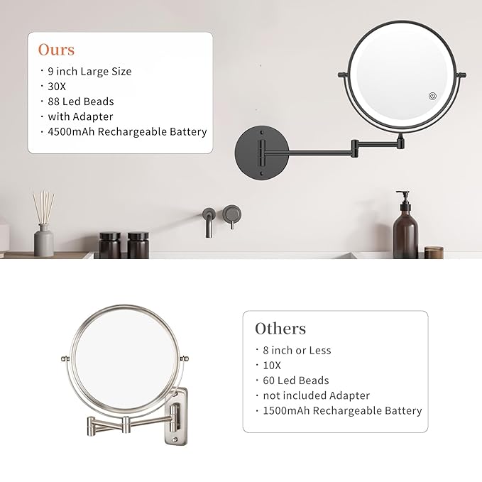 FUNTOUCH 9" 30X/1X Wall Mounted Lighted Makeup Mirror, 5000mAh Rechargeable Double Sided Magnifying Mirror with Adapter, 3 Color Lights,Touch Dimmable, 360 Rotation Extended Arm for Bathroom,Black