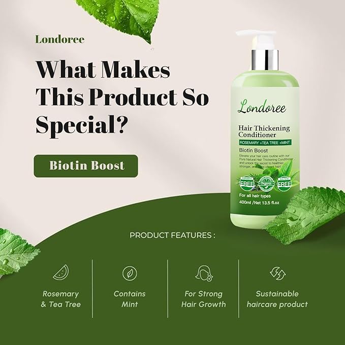 Rosemary Hair Thickening Conditioner for Men & Women – Moisturizing Rosemary Mint Conditioner with Tea Tree Oil & Biotin – Strengthening Formula for Scalp Therapy & Hair Fall – 13.5 fl oz (400ml)