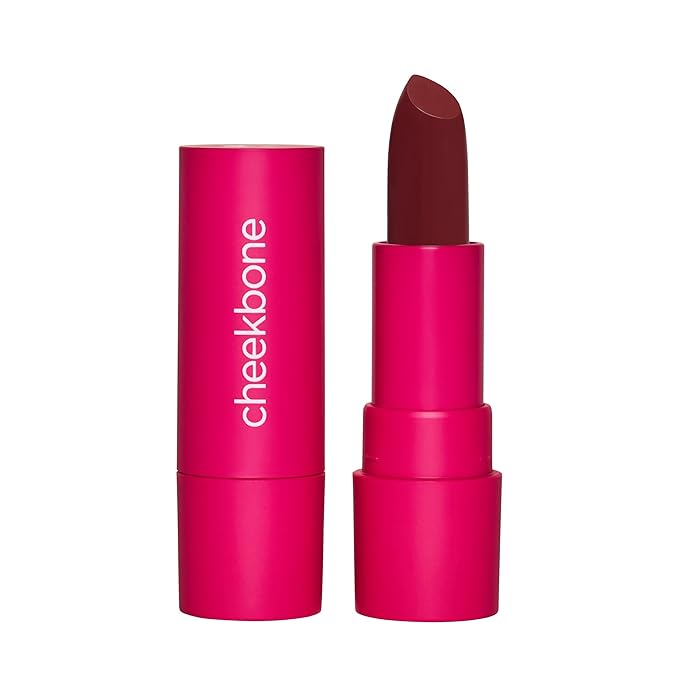 Cheekbone Sustain Lipstick, Oxblood Red Shade, Creamy Satin Lip Color with Buildable Pigment, Long-Wear, Moisturizing Formula with Organic Castor Oil, Eco-Conscious, Vegan, 0.14 oz.