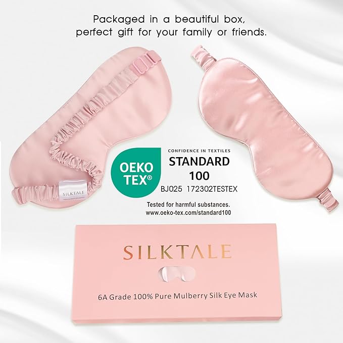 SILKTALE Mulberry Silk Blackout Adjustable Sleep Eye Mask for Men/Women Travel Plane,Blush Pink