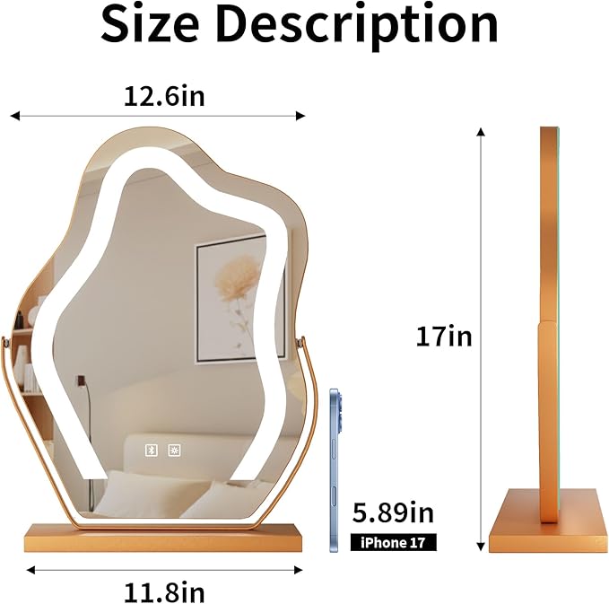 17″ Makeup Mirror with Lights Tabletop Cloud Shaped , Smart Touch, 3-Color Dim Lighting, 360° Rotation, Memory, Metal Frame, Plug-in AC Power, Vanity Mirror Gift for Women Teen Girls Champagne Gold