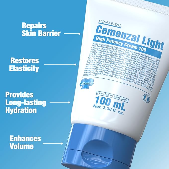 Cemenzal Light Volufiline 5000ppm & Centella Asiatica, Korean Moisturizer for Skin Barrier Repair & Volume Boost, Korean Skin Care, Moisturizer for Dry Skin & Sensitive, and All Skin Types, 100 mL