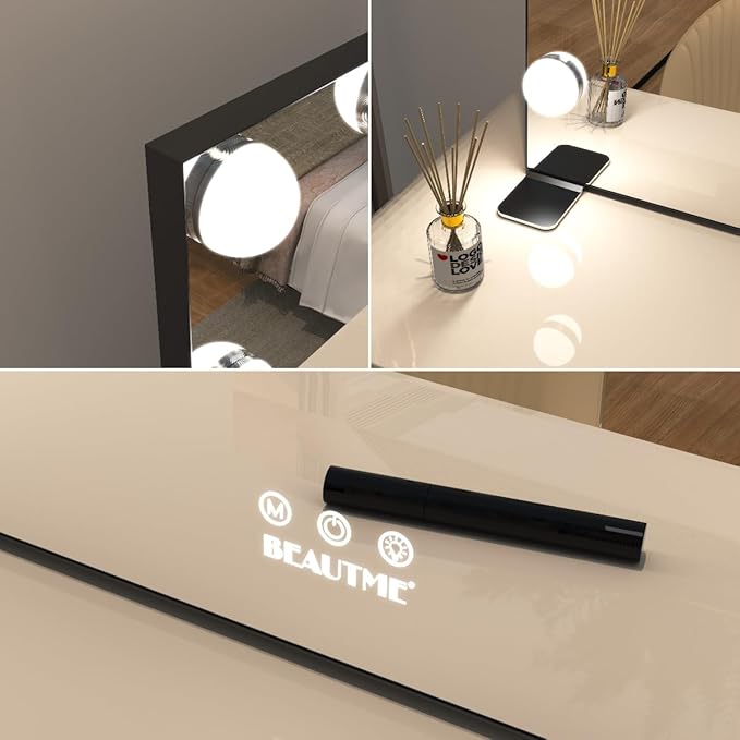 BEAUTME Large Vanity Mirror with Lights, 35.9''×24.3'' Hollywood Makeup Mirror with 16 Dimming LED Bulbs, 3 Lighting Modes, Touch Control, Tabletop or Wall Mounted, Black