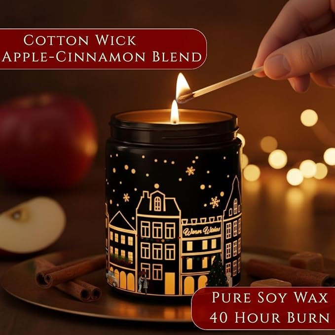 Apple & Cinnamon Scented Candle (Black Jar), 40-Hour Burn, Dual Light Glow, Premium Soy Wax, Warm Spiced Aromatherapy Candle for Bedroom & Bathroom, Holiday Gift – 7oz (200g)