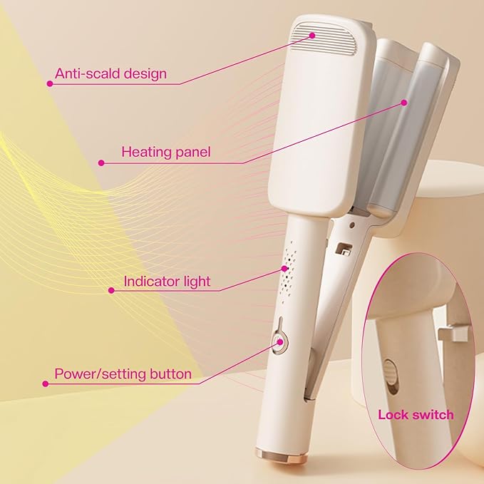 Waver Curling Iron Hair Crimper 1.25 Inch Crimper Hairs Tool with Ceramic 3 Barrel Ionic Deep Hair Waver for Women Hairs Curler for Long & Short, Easy to Use, Dual Voltage, Anti-Scald (White)