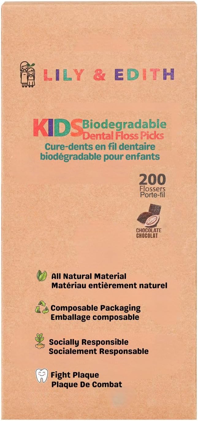 LILY & EDITH Kids Plant Based Dental Floss Picks 200 Counts, Fluoride Free, Corn Starch Material, Chemical Free, Fun Animal Flossing Sticks, Ultra Sturdy Thread, Zero Waste Package (Chocolate)
