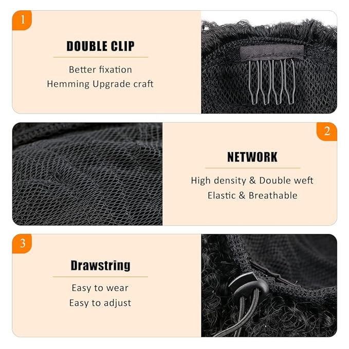 Drawstring Ponytail Afro Kinky Curly for Black Women Short Wave Synthetic Ponytail Hair Extension(#1B,Nature Black)