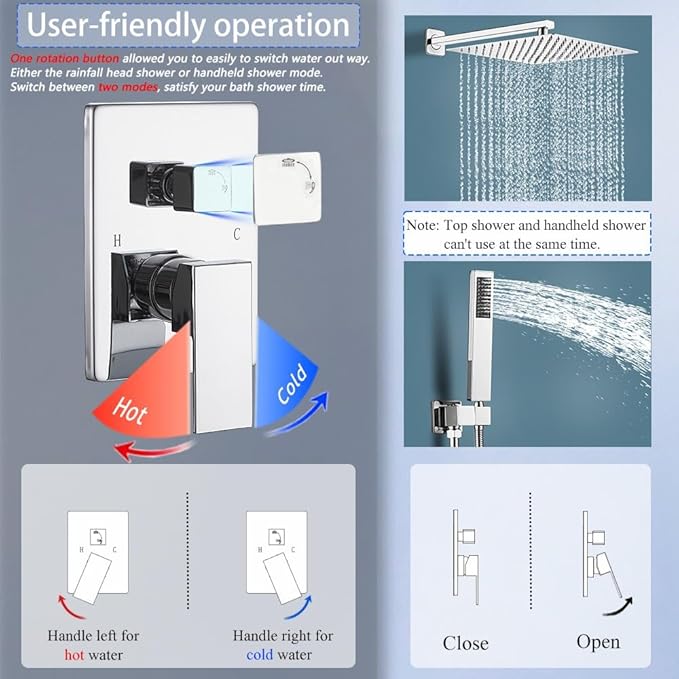 YCAIKOI Shower Faucet Set 16 Inch Wall Mount Rain Shower System, All Metal Shower Fixtures - Polished Chrome