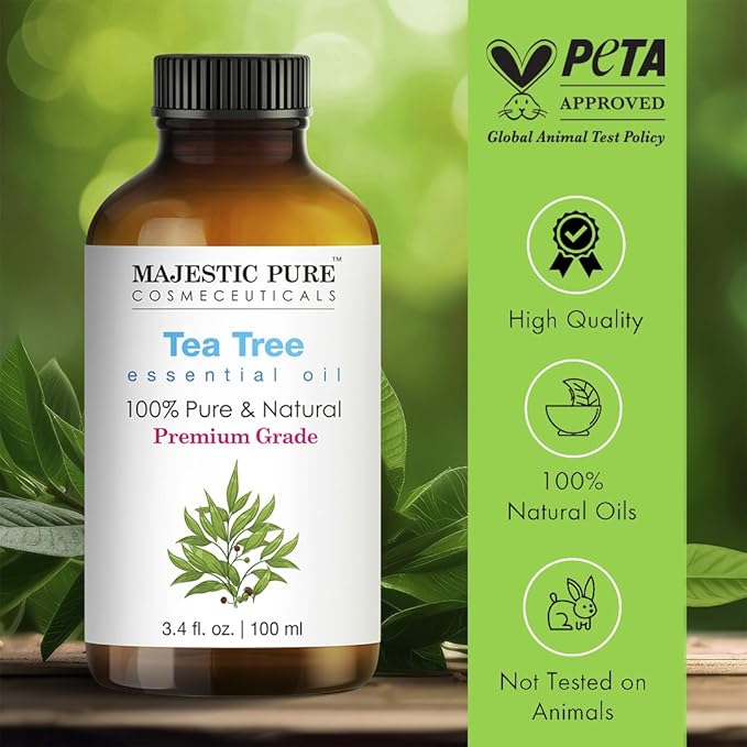 Majestic Pure Essential Oil with Glass Dropper - 100% Pure and Natural - Essential Oils for Diffuser, Aromatherapy, Soap and Candle Making, Tea Tree Essential Oil, Tea Tree Oil, 3.4 Fl Oz