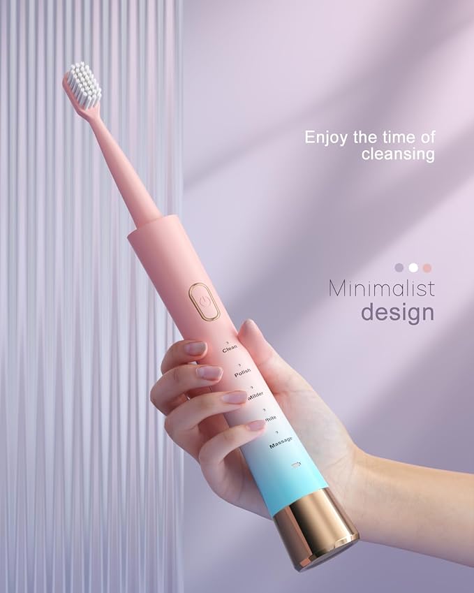 Pink & Blue Gradient Rechargeable Sonic Electric Toothbrush for Adults, 5 Modes with Smart Timer, 8 Replacement Brush Heads Soft Bristles, High Vibration, Perfect for Home, Travel, Gift