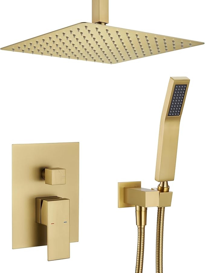 Artiqua Shower System 12 Inches Rain Shower Combo Set Brushed Gold Ceiling Mount Shower Faucet Bathroom Faucets with Rainfall Shower Head and Hand Shower