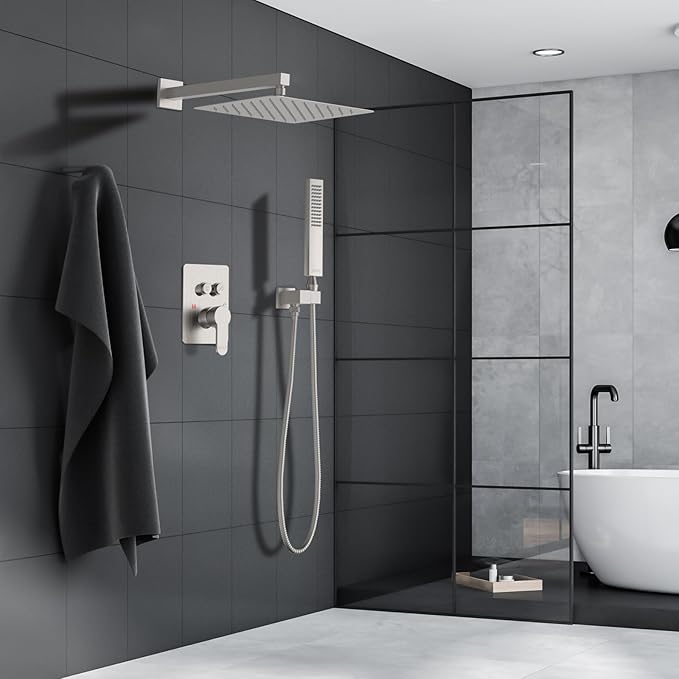 Rainfall Shower System, 12 inch Wall Mounted Rain Shower Head with Handheld Spray, Push Button Diverter 2 Functions Simultaneous Use, Shower Faucet Set Rough-In Valve Includ, Brushed Nickel