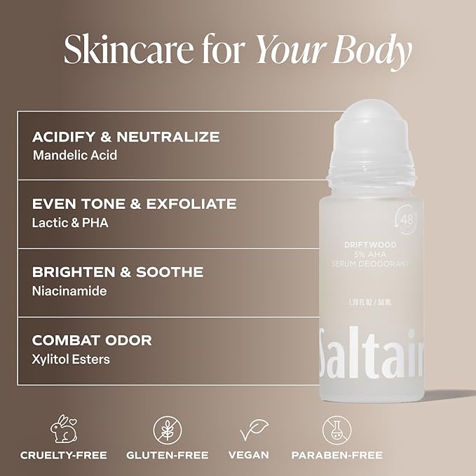 Saltair Serum Deodorant Driftwood 2 Pack. 5% AHA Formula. Lactic Acid and Mandelic Acid Deodorant. Aluminum-Free Odor Control for Women and Men. Travel Essentials, 2x 1.7oz Roll On