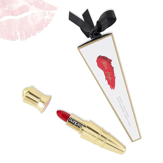 Hickey Lipstick Set, Mile High (Perfect Red), Refillable Silver Case with Chain, Satin Pouch & Ribbon (Wearable Necklace), Long Lasting Hydrating Velvet Finish Lipstick for Women, Vegan & Gluten-Free