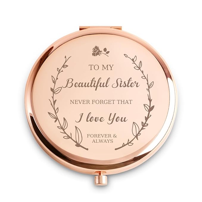 Personalized Gifts for Sister, Sentimental Sister Gifts for Birthday, Valentines Day, Wedding, Custom Engraved Compact Mirror, Goodie Bag & Basket Stuffers