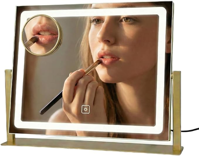 Vanity Mirror with Lights, 16" x 12" Lighted Makeup Mirror with Smart Touch Control, LED Makeup Mirror with 3 Color Lighting Modes, 360° Rotation, 10X Magnification for Tabletop - Gold