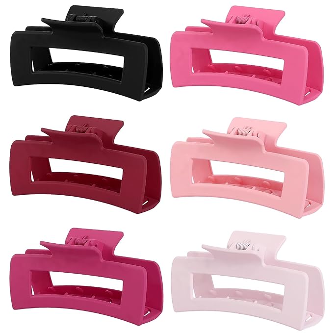 4 Inch Big Hair Claw Clips 6 Pcs Large Claw for Thick Hair Square Hair Clips for Women Rectangle Hair Clips Nonslip Acrylic Banana Jaw Clips Hair Accessories for Girls (Pink)
