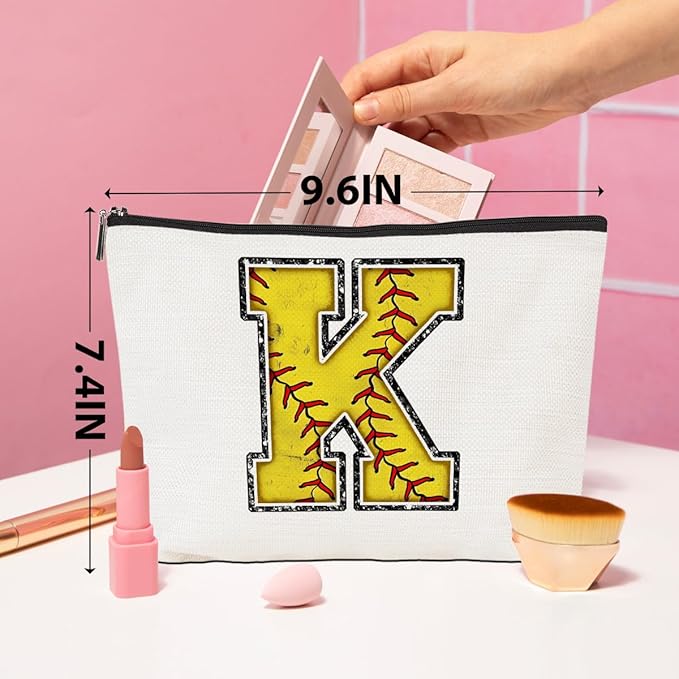 CQM Softball Gifts Initial Makeup Bag Monogrammed Cosmetic Bag Yellow Letter K Zipper Pouch Softball Accessories for Girls Women Player Coaches Friend Graduation Birthday Gifts