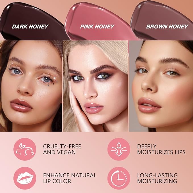 FeiCuiYun 3Pcs Black&Pink&Brown Honey Tinted Lip Stain Lip Balm Lip Gloss Lipstick, Sheer Hydrating Lip Stains Tint, Moisturizing Lip Color for All Skin Tones with Natural Black Cherry