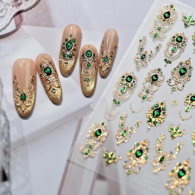 5D Embossed Gold Mace Nail Art Stickers Green Gemstone Nail Stickers for Nail Art with Green Gem Design Gold Nail Decals Manicure Decoration for Women Nails Supplise