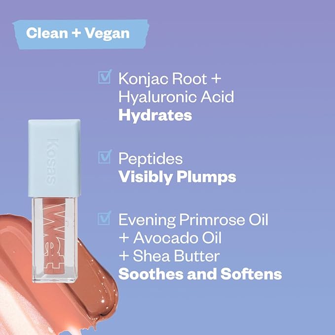Kosas Wet Lip Oil Gloss - Hydrating Lip Plumping Treatment with Hyaluronic Acid & Peptides, Non-Sticky Finish (Exposed)