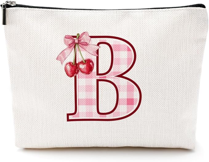 CQM Initial Makeup Bag Monogram Cosmetic Bag Monogrammed Gifts for Women Girls Friends Coworker Daughter Personalized Travel Toiletry Bag Christmas Bridal Shower Wedding Bridesmaid Gifts, Cherry B