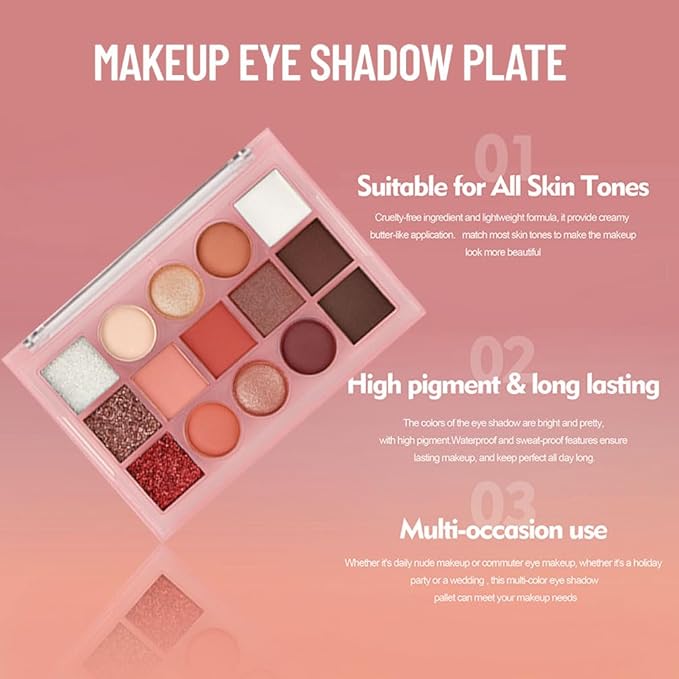 15 Color Neutral Nude Eyeshadow Palette Makeup – High Pigment Waterproof Matte & Shimmer Eyeshadow Palette, Long-Lasting Blendable, Pink, Brown, Rose Gold, Glitter Eye Makeup (02#, 1 Count)