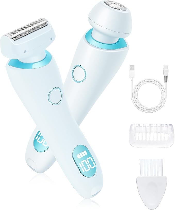 Bikini Trimmer for Women Electric Razors for Women, Double Head Dual Purpose, Waterproof Hair Razor, Ceramic Blade Hair Trimmer Wet & Dry Use, Painless Electric Shaver for Facial and Body (Blue)