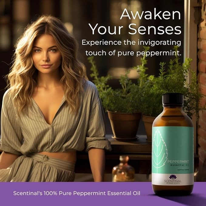 Scentinal Premium Essential Oil - 100% Pure, Natural & Authentic - Extra Large 4oz Bottle (120ml) with Eyedropper - Refreshing Aromatherapy Experience (4 oz / 120ml, Peppermint)