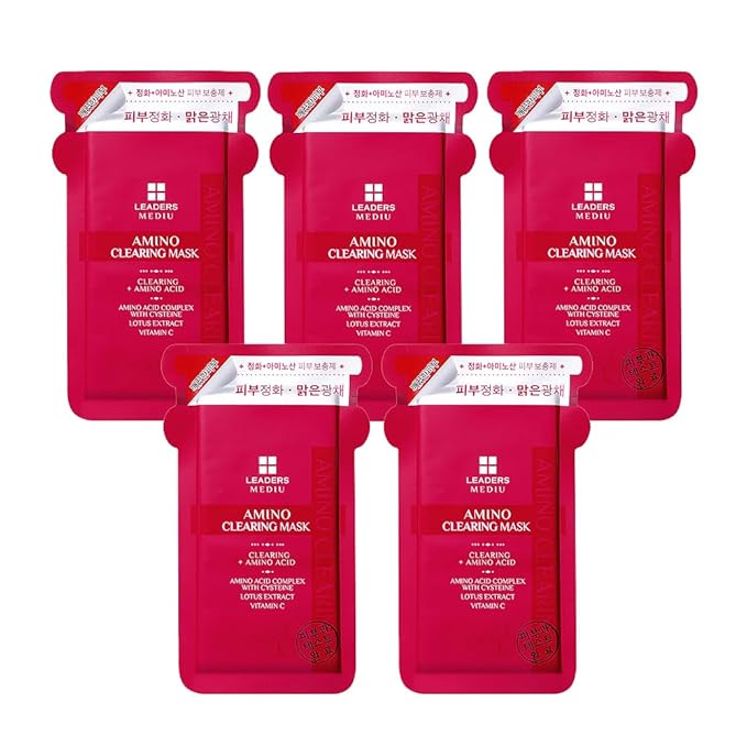 Leaders Mediu Amino Brightening & Clearing Facial Sheet Mask | Vitamin C, Lotus Extract for Acne Scars, Hyperpigmentation, Dark Spots, Even Skin Tone (5 Sheets)