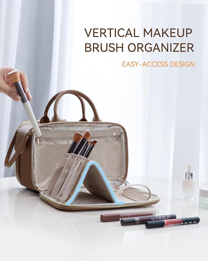 Prite Travel Makeup Bag Women’s Large Capacity Waterproof Cosmetic Organizer Portable Open Flat Toiletry Case with Free-standing Brush Holder and Handle(Brown Medium)