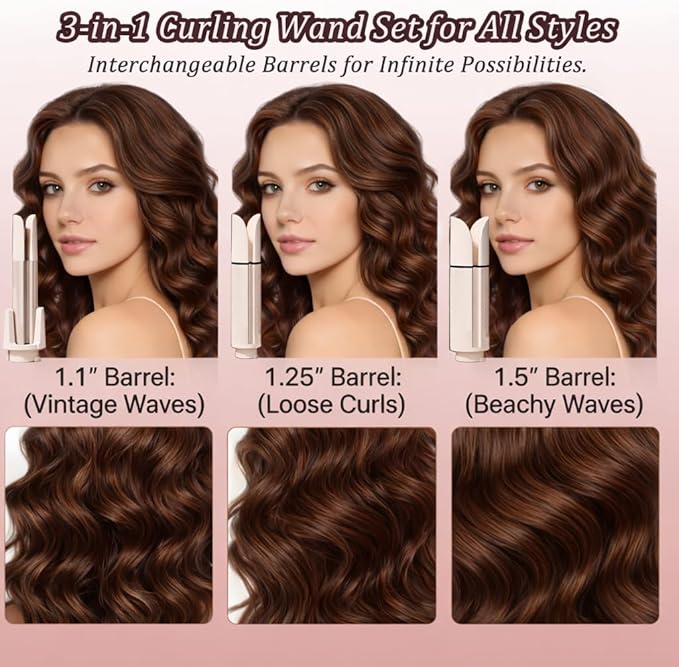Automatic Curling Iron Rotating – 3-in-1 Self Curling Hair Curler with 3 Barrel Sizes for Loose Waves to Tight Curls, Negative Ion Ceramic, Anti-Tangle & Fast Heating, Safe Styling for All Hair Types