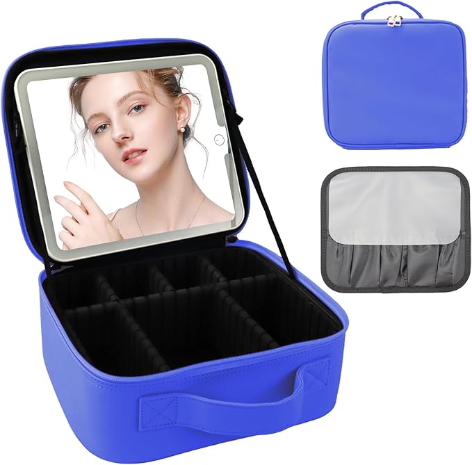 SUILU Travel Makeup Bag with LED Mirror and Light Makeup Travel Bag Organizer Portable Cosmetic Brush Organizer Bag with Adjustable Dividers for Cosmetics Makeup Brushes Toiletry (Dark Blue)