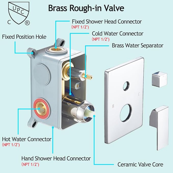 YCAIKOI Shower Faucet Set Complete, Wall Mount Shower System for Bathroom 12 Inch High-Pressure Rainfall Shower with Handheld, Rough-in Valve Body and Trim Kit, Polished Chrome