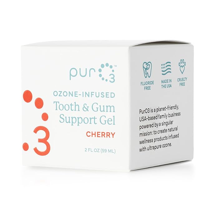 PurO3 Ozone Tooth & Gum Support – Ozonated Organic Olive Oil & Essential Oils for Complete Oral Care & Fresh Breath, Natural Fluoride-Free Solution for Deep Cleaning, Sweet Cherry, 2 Fl Oz Gel