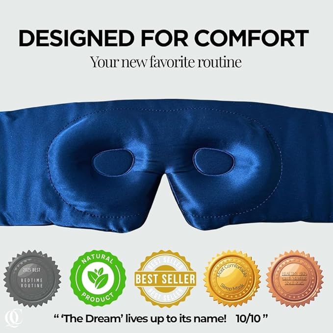 3D Silk Sleep Mask in Gift Box, Sleep Longer in Total Darkness and Comfort. Total Blackout Liner Blocks Light, Lightweight, 100% Silk 22 Momme, Foam Countour Does Not Crush Eyelashes (Noble Blue)