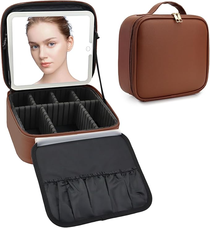SLUMAZI Travel Makeup Bag with LED Mirror Travel Makeup Organizer with 3 Lighted Settings, Adjustable Dividers and Makeup Brush Storage Bag Dark Brown