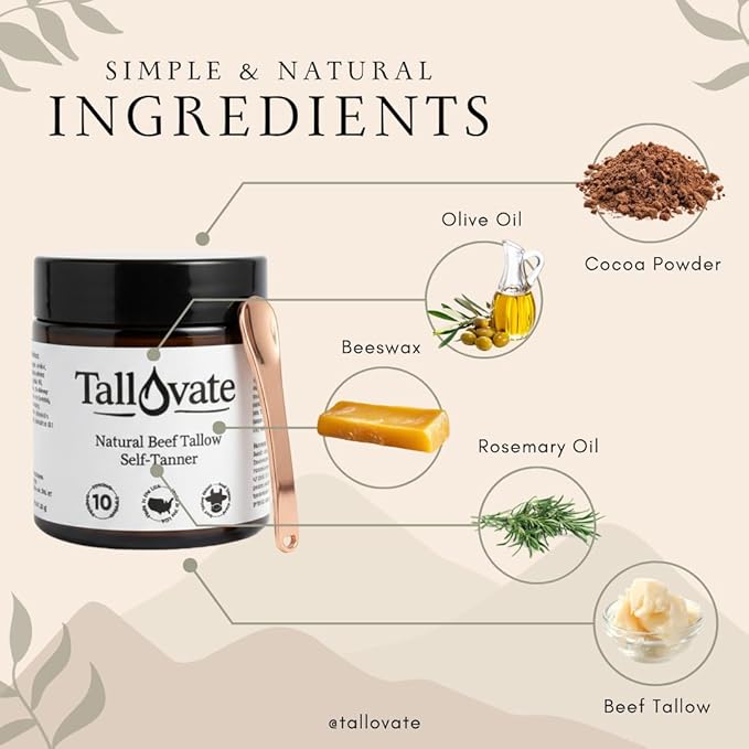 Natural Self Tanner with Beef Tallow – Quick Tan for Face & Body – Moisturizing, Non-Toxic, Olive Oil + Cocoa, Sunless Tanning – Browning Lotion – 4oz