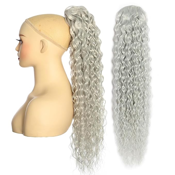 Deep Wave Ponytail Extension for Women 24 Inch Gray Curly Wavy Ponytail Hair Extensions Drawstring with Clips Short Synthetic Hairpiece for Daily and Party