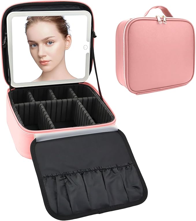 SLUMAZI Travel Makeup Bag with LED Mirror Travel Makeup Organizer with 3 Lighted Settings, Adjustable Dividers and Makeup Brush Storage Bag Pink