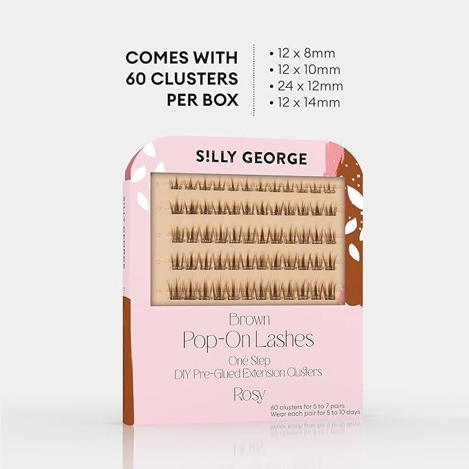 Silly George Pop-On Lashes - DIY 1-Step Pre-Glued Faux Eyelash Clusters, Natural Look Extensions, Light Brown - Rosy, 5-7 Pair Set, Pack of 60 Clusters