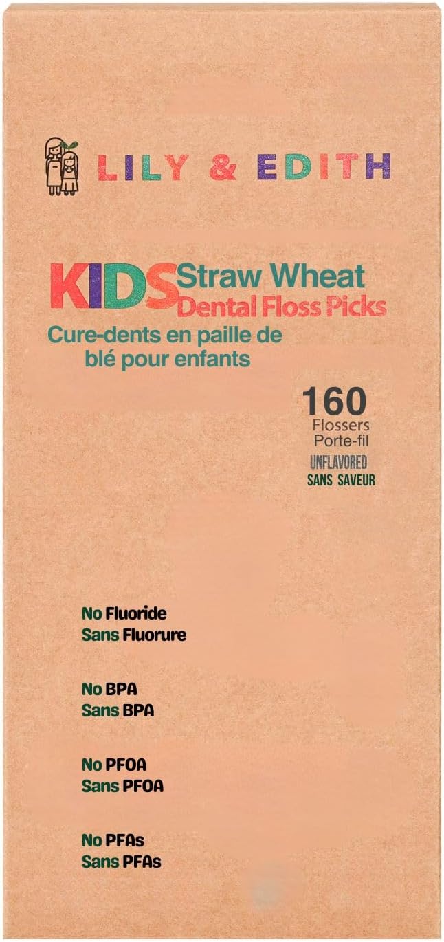 LILY & EDITH Straw Wheat Kids Flossers 160ct, Plant Based Dental Floss Picks for Children, Fluoride & Chemical Free(PFA Free), Penguin Flossing Sticks for Toddler, Paper Package, Unflavored