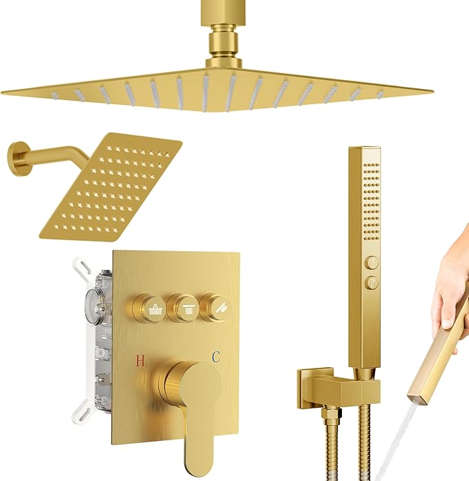 Brushed Gold Shower System, STARBATH 12+8" Rainfall Shower System with Square Shower Head and Handle Set Ceiling Mount, Can Use All at Once Push Button Diverter Pressure Balancing Valve with Trim Kit
